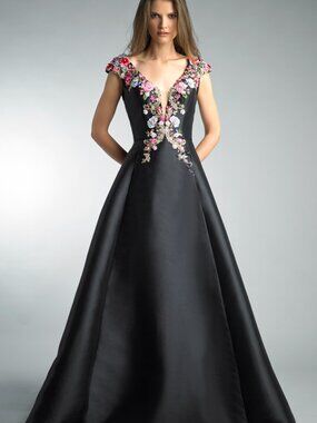 D8527L Sleeveless Floral Embellished Gown - Black